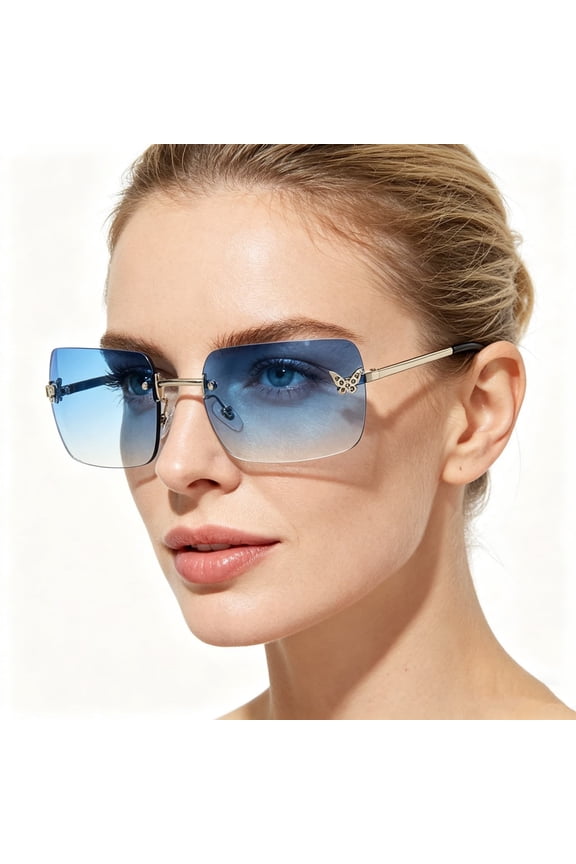 -Rimless Blue Gradient Sunglasses, Butterfly Rhinestone Square Shades, UV400 Protection Fashion Eyewear for Women, Driving, Outdoor (A)