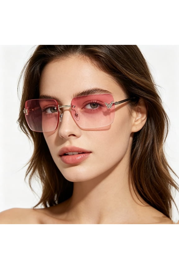 -Rimless Pink Gradient Sunglasses, Butterfly Rhinestone Square Shades, UV400 Protection Fashion Eyewear for Women, Driving, Outdoor (B)