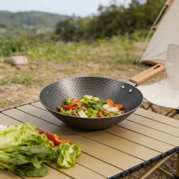 YANDE-Small Wok, Small Stainless Steel Outdoor Camping Wok with Wooden Handle, High Temperature Resistant Non-Stick