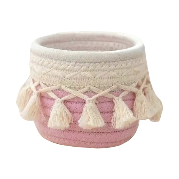 YANDERound Woven Cotton Rope Desktop Storage Basket with Tassel Fringe, 1pc Small Organizer for Makeup Brushes Cosmetics and Home Countertop Use, Storage Baskets for Organizing (Pink)