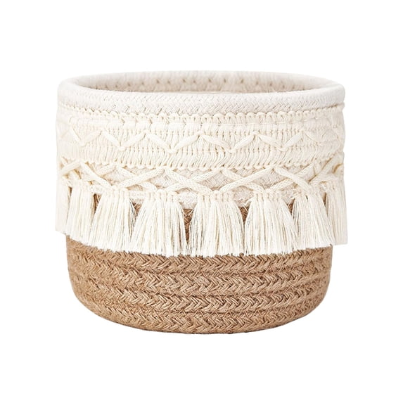 YANDERound Woven Cotton Rope Desktop Storage Basket with Tassel Fringe, 1pc Small Organizer for Makeup Brushes Cosmetics and Home Countertop Use, Storage Baskets for Organizing (Coffee)
