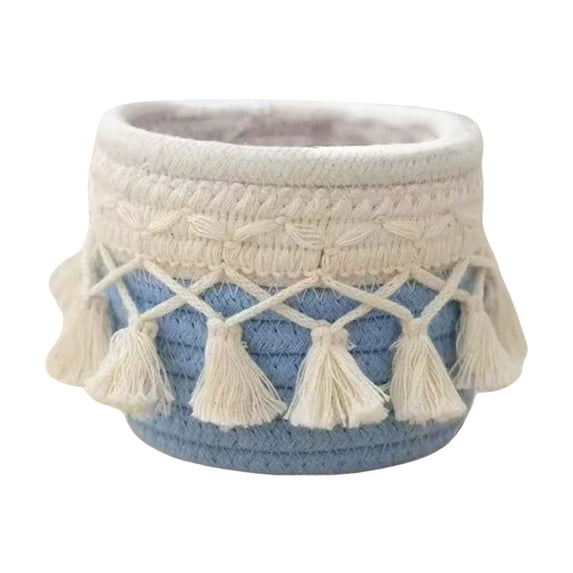 YANDERound Woven Cotton Rope Desktop Storage Basket with Tassel Fringe, 1pc Small Organizer for Makeup Brushes Cosmetics and Home Countertop Use, Storage Baskets for Organizing (Blue)