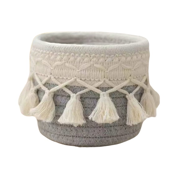 YANDERound Woven Cotton Rope Desktop Storage Basket with Tassel Fringe, 1pc Small Organizer for Makeup Brushes Cosmetics and Home Countertop Use, Storage Baskets for Organizing (Gray)