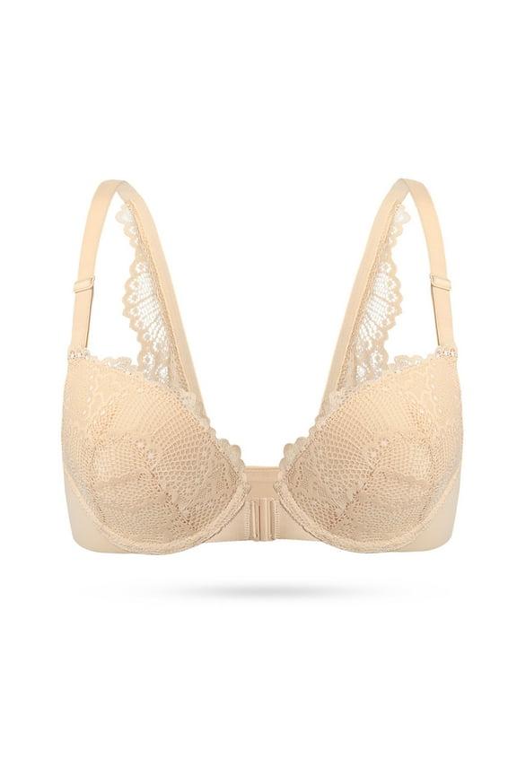 Front Closure Bras for Women Lace Unlined No Padded Soft Underwire Everyday T-shirt Bra, Beige 40A
