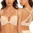 thumbnail image 1 of YANDW Front Closure Plunge Bras for Women Lace Racerback Push Up Thick Padded Underwire Add 2 Cups Bra, Beige 32A, 1 of 5