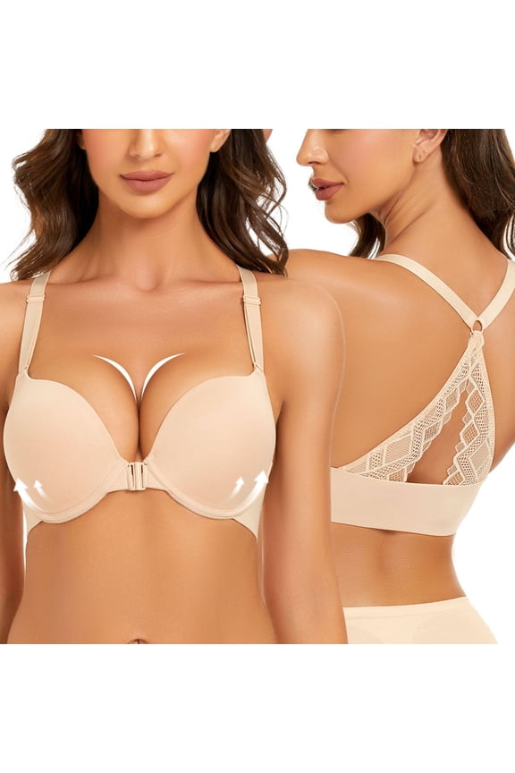 Front Closure Plunge Bras for Women Lace Racerback Push Up Thick Padded Underwire Add 2 Cups Bra, Beige 34D