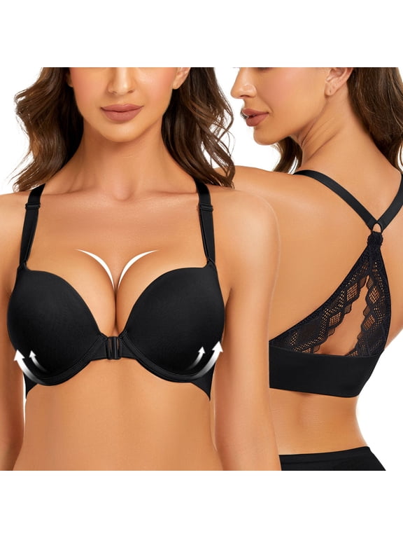 Front Closure Plunge Bras for Women Lace Racerback Push Up Thick Padded Underwire Add 2 Cups Bra, Black 34B