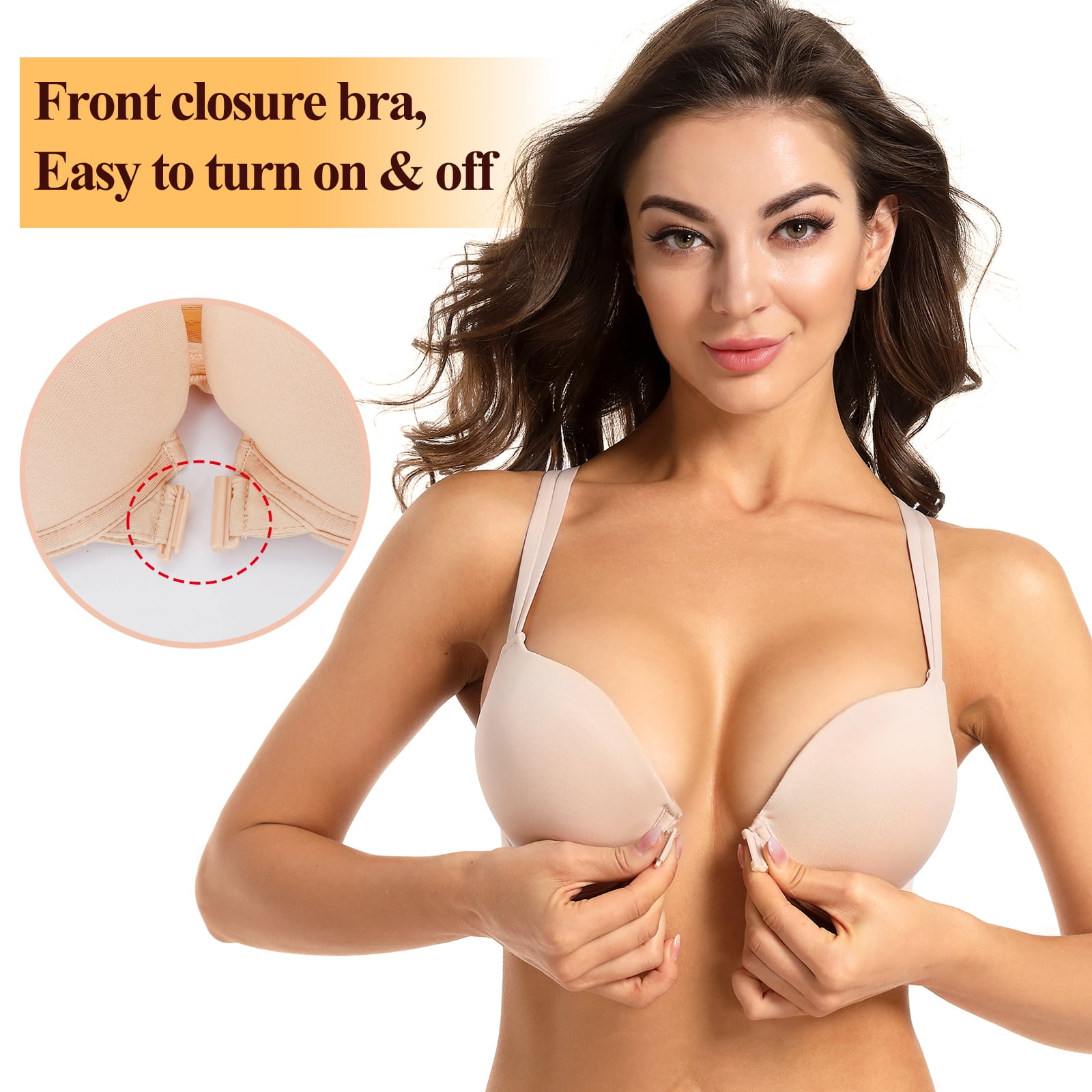 YANDW Front Closure Push Up Bra Strappy Thick Padded Cross Back Add 2 Cup  Plunge Seamless Underwire Bras Nude,32B