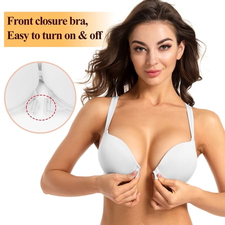 YANDW Front Closure Push-up Bra Strappy Thick Padded Cross Back Add 2 Cup Plunge Underwire Bras 30D, White