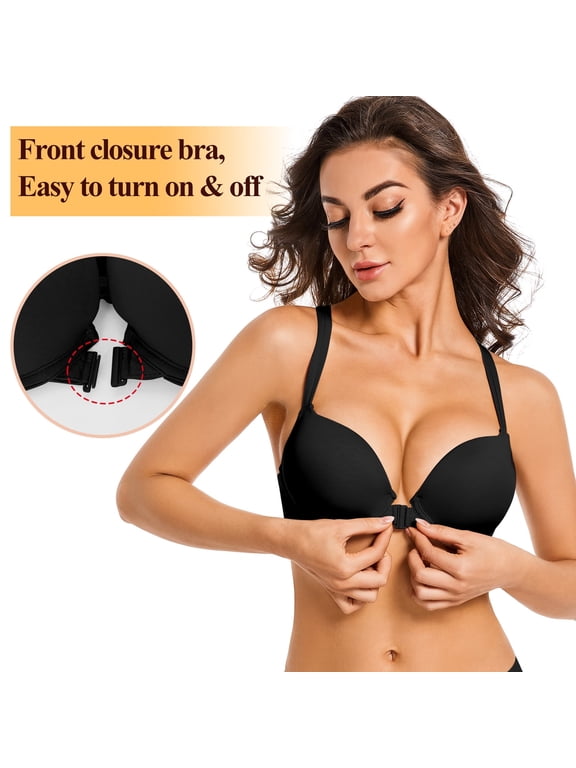 Front Closure Push-up Bra Strappy Thick Padded Cross Back Add 2 Cup Plunge Underwire Bras 32B, Black