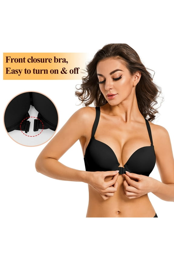 Front Closure Push-up Bra Strappy Thick Padded Cross Back Add 2 Cup Plunge Underwire Bras 32B, Black