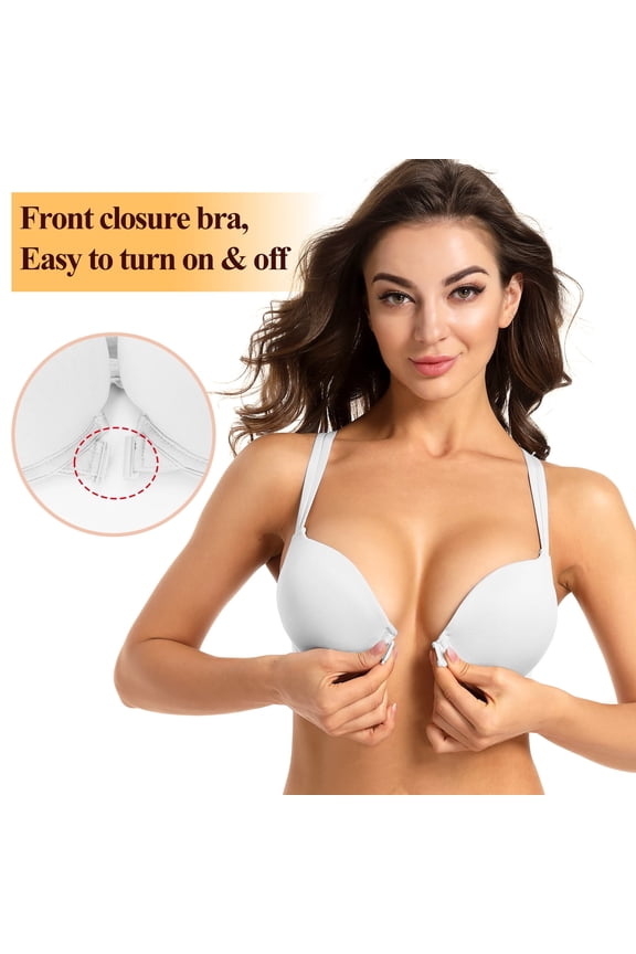Front Closure Push-up Bra Strappy Thick Padded Cross Back Add 2 Cup Plunge Underwire Bras 32B, White