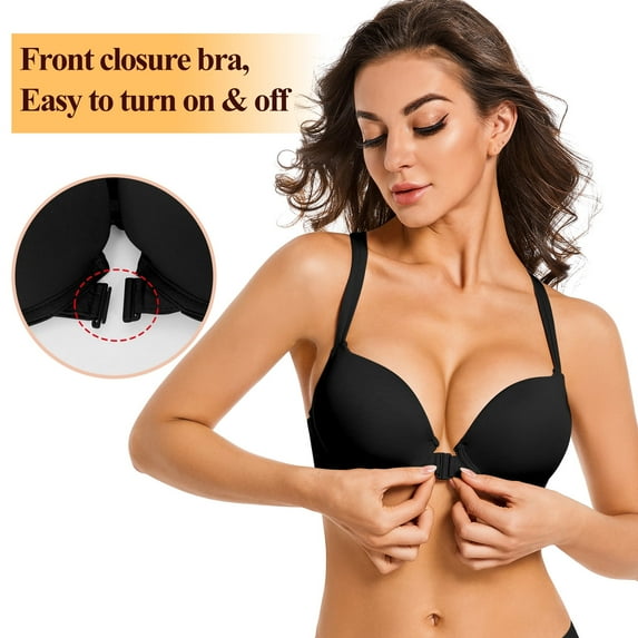 YANDW Front Closure Push-up Bra Strappy Thick Padded Cross Back Add 2 Cup Plunge Underwire Bras 32D, Black