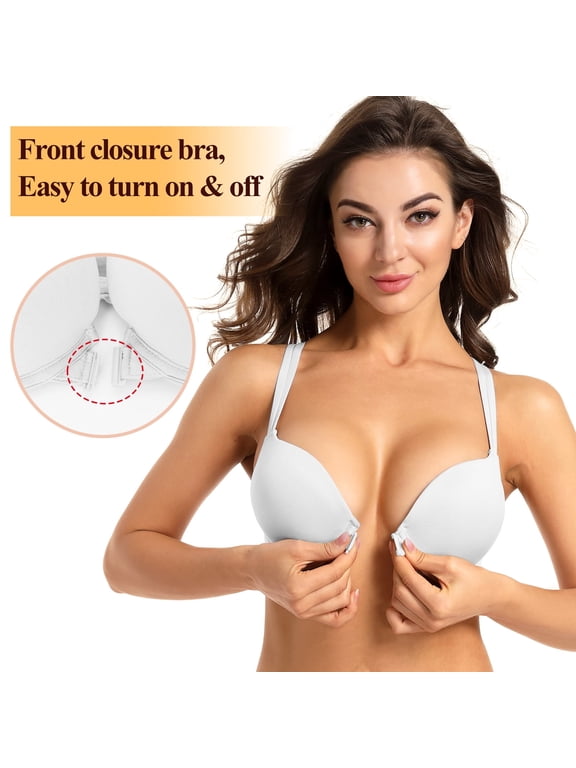 Front Closure Push-up Bra Strappy Thick Padded Cross Back Add 2 Cup Plunge Underwire Bras 36B, White