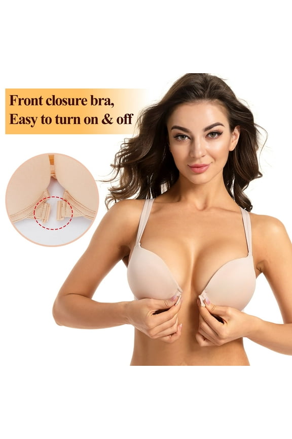 Front Closure Push-up Bra Strappy Thick Padded Cross Back Add 2 Cup Plunge Underwire Bras 36E, Beige
