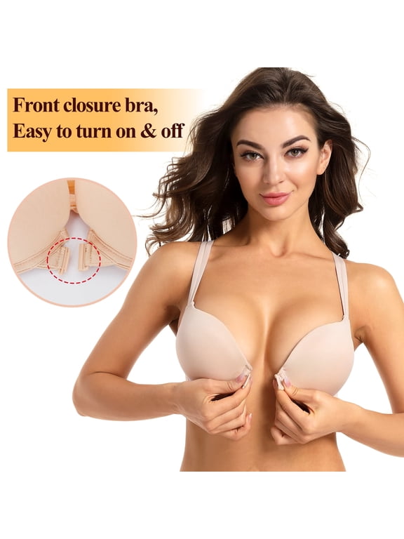 Front Closure Push-up Bra Strappy Thick Padded Cross Back Add 2 Cup Plunge Underwire Bras 38E, Beige