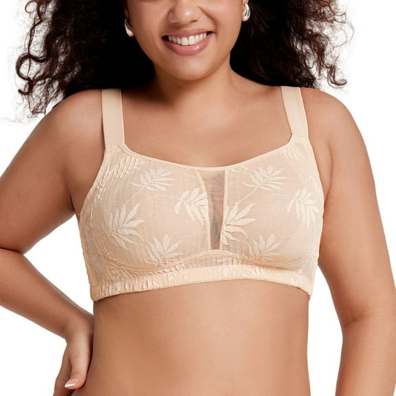 YANDW Full Coverage Wirefree Bras for Women Unlined Plus Size Lace Minimizer Bralette, Beige 34D