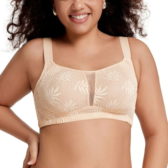 YANDW Full Coverage Wirefree Bras for Women Unlined Plus Size Lace Minimizer Bralette, Beige 36C