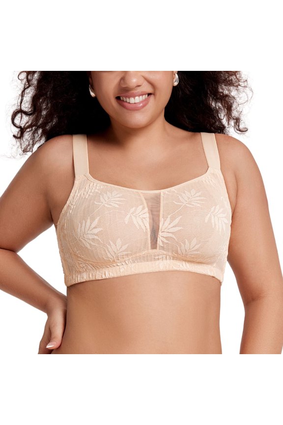 Full Coverage Wirefree Bras for Women Unlined Plus Size Lace Minimizer Bralette, Beige 38DD
