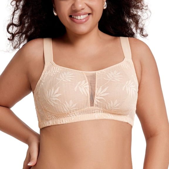 YANDW Full Coverage Wirefree Bras for Women Unlined Plus Size Lace Minimizer Bralette, Beige 44D