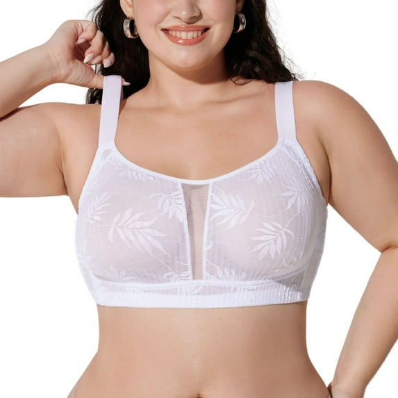 YANDW Full Coverage Wirefree Bras for Women Unlined Plus Size Lace Minimizer Bralette, White 36E