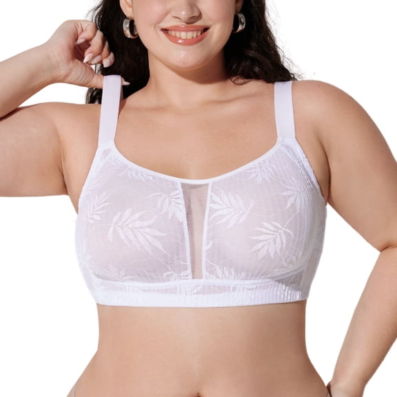 YANDW Full Coverage Wirefree Bras for Women Unlined Plus Size Lace Minimizer Bralette, White 38DDD