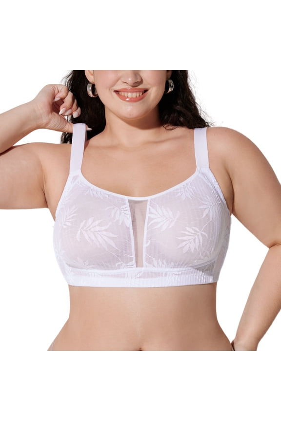 Full Coverage Wirefree Bras for Women Unlined Plus Size Lace Minimizer Bralette, White 44G
