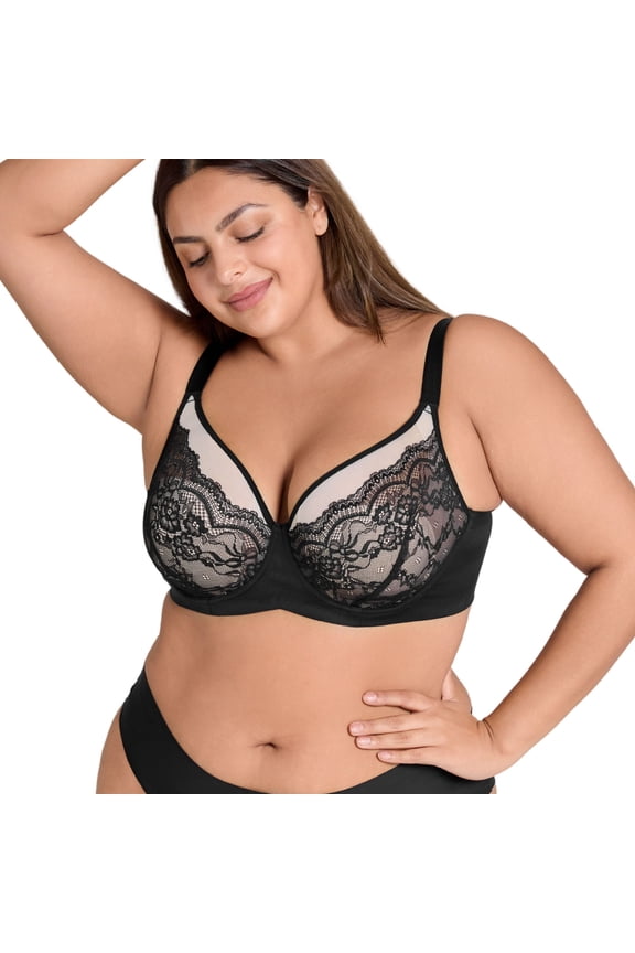 Lace Full Coverage Bra for Women Underwire Support Plus Sizes Bras with Padding Lift, Black 42DD