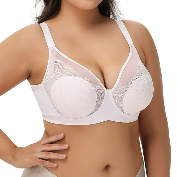 YANDW Lace Full Coverage Bra for Women Underwire Support Plus Sizes Bras with Padding Lift, Pink 38DDD