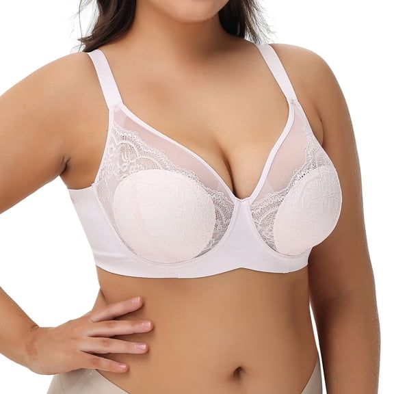 YANDW Lace Full Coverage Bra for Women Underwire Support Plus Sizes Bras with Padding Lift, Pink 40DD