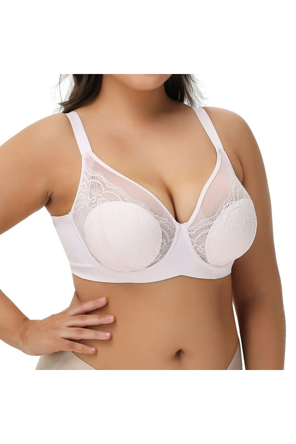 Lace Full Coverage Bra for Women Underwire Support Plus Sizes Bras with Padding Lift, Pink 42C