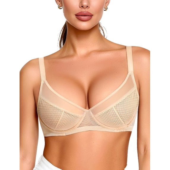 YANDW Minimizer Sheer Mesh Bras for Women Underwire Plunge Lifting Plus Size Bra, Beige 36C