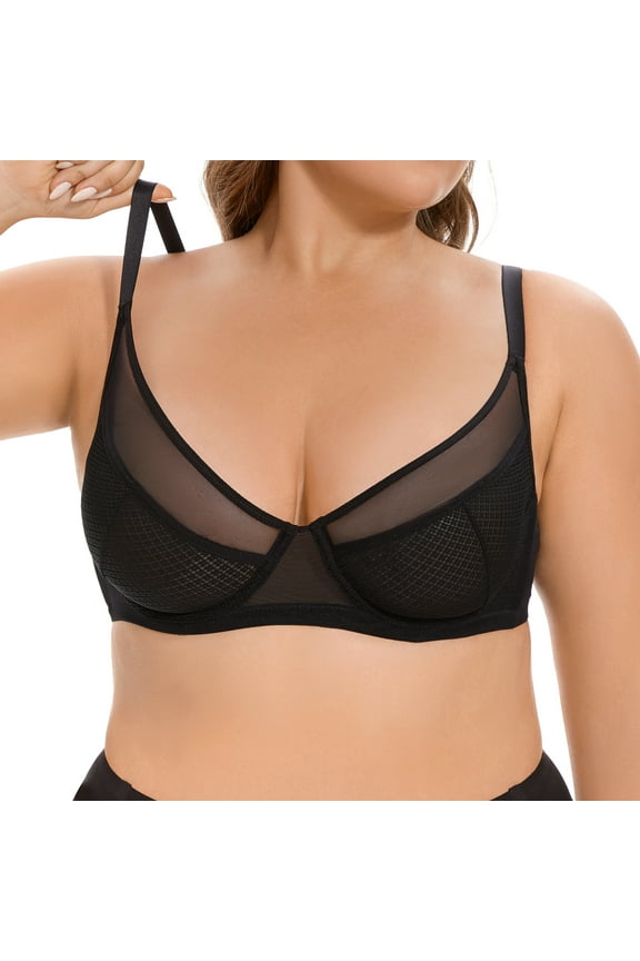 Minimizer Sheer Mesh Bras for Women Underwire Plunge Lifting Plus Size Bra, Black 38B
