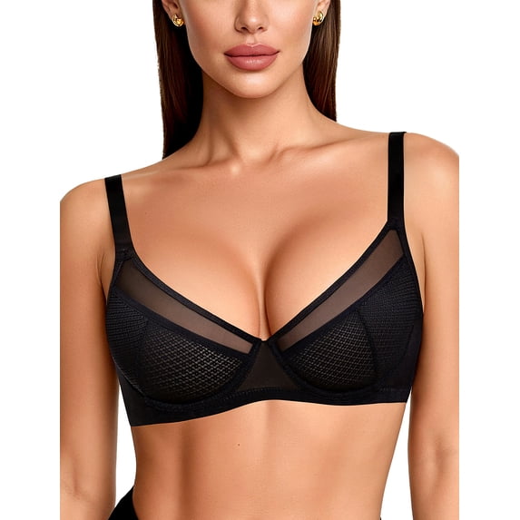 YANDW Minimizer Sheer Mesh Bras for Women Underwire Plunge Lifting Plus Size Bra, Black 40E