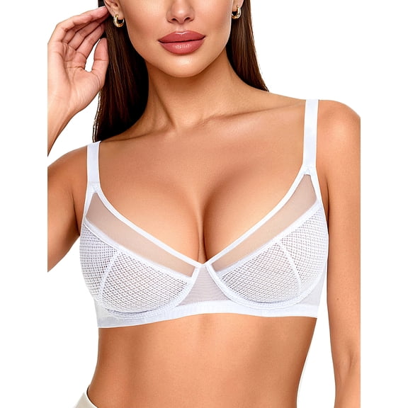 YANDW Minimizer Sheer Mesh Bras for Women Underwire Plunge Lifting Plus Size Bra, White 34E