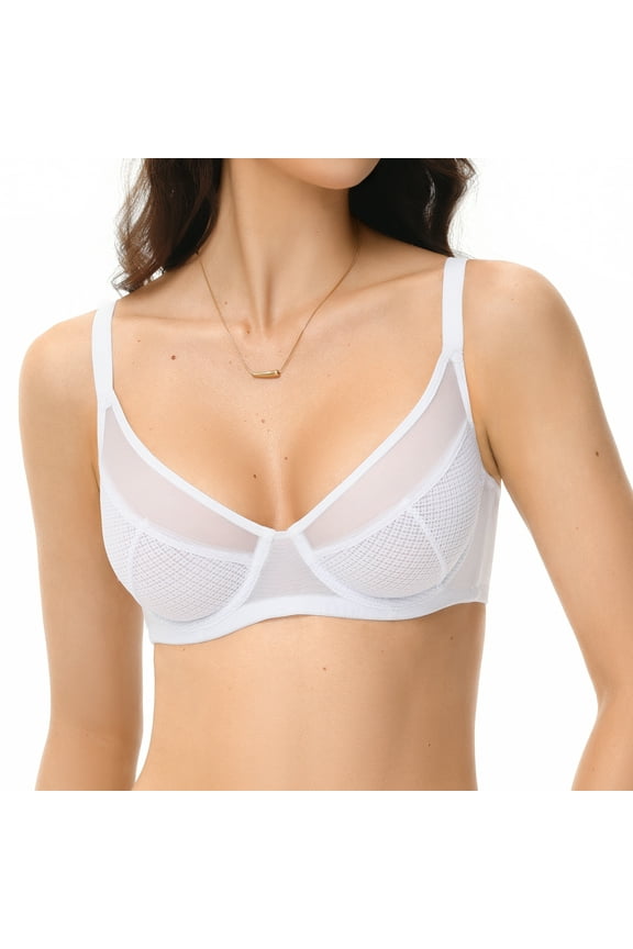 Minimizer Sheer Mesh Bras for Women Underwire Plunge Lifting Plus Size Bra, White 36B