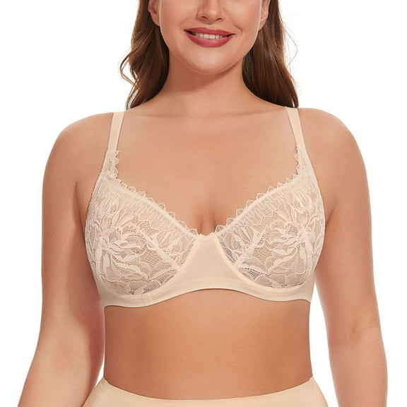 YANDW Women Minimizer Mesh Unlined Bras Plus Size Sexy Lace Full Coverage Bra Underwire No Padded, Beige 34C