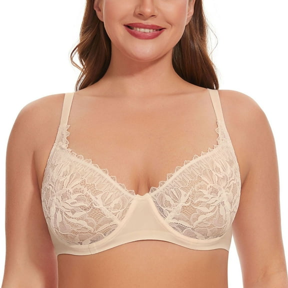 YANDW Women Minimizer Mesh Unlined Bras Plus Size Sexy Lace Full Coverage Bra Underwire No Padded, Beige 38C