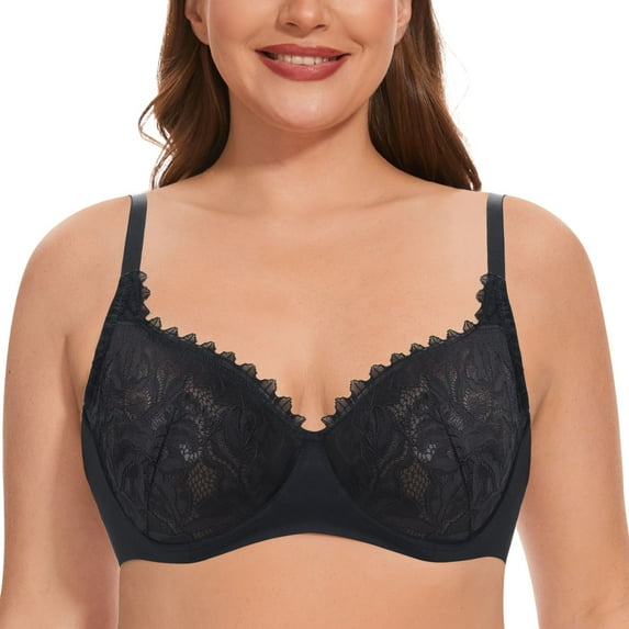 YANDW Women Minimizer Mesh Unlined Bras Plus Size Sexy Lace Full Coverage Bra Underwire No Padded, Black 34F
