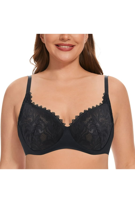 Women Minimizer Mesh Unlined Bras Plus Size Sexy Lace Full Coverage Bra Underwire No Padded, Black 38D