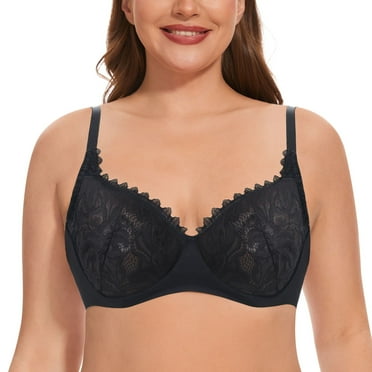 YANDW Women Minimizer Mesh Unlined Bras Plus Size Sexy Lace Full Coverage Bra Underwire No Padded, Black 38F