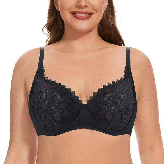 YANDW Women Minimizer Mesh Unlined Bras Plus Size Sexy Lace Full Coverage Bra Underwire No Padded, Black 38F
