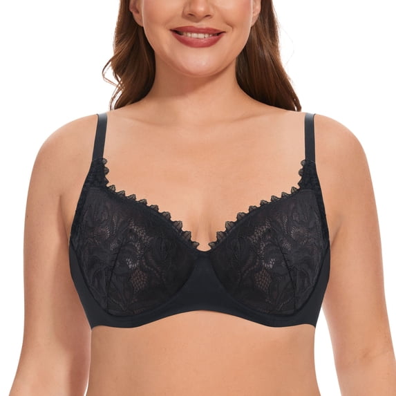 YANDW Women Minimizer Mesh Unlined Bras Plus Size Sexy Lace Full Coverage Bra Underwire No Padded, Black 44D