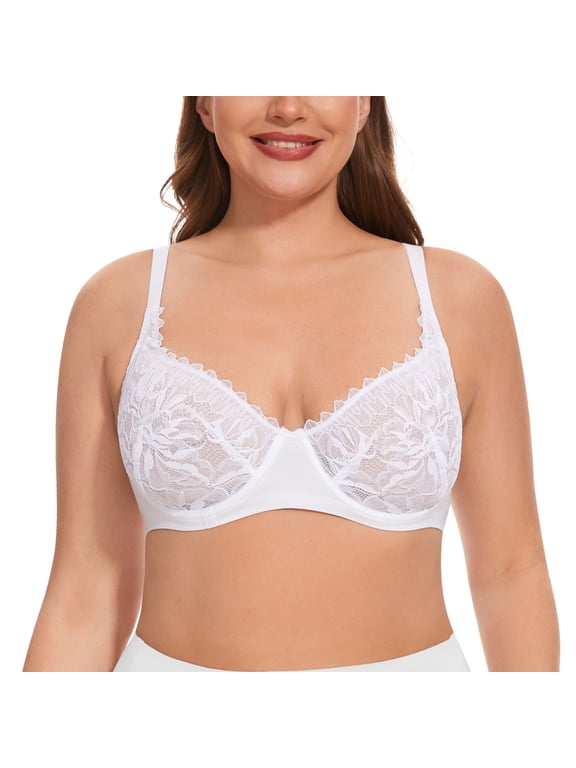 Women Minimizer Mesh Unlined Bras Plus Size Sexy Lace Full Coverage Bra Underwire No Padded, White 36E