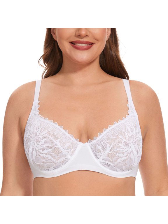 Women Minimizer Mesh Unlined Bras Plus Size Sexy Lace Full Coverage Bra Underwire No Padded, White 38C