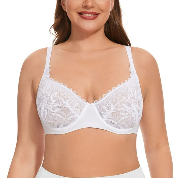 YANDW Women Minimizer Mesh Unlined Bras Plus Size Sexy Lace Full Coverage Bra Underwire No Padded, White 38D