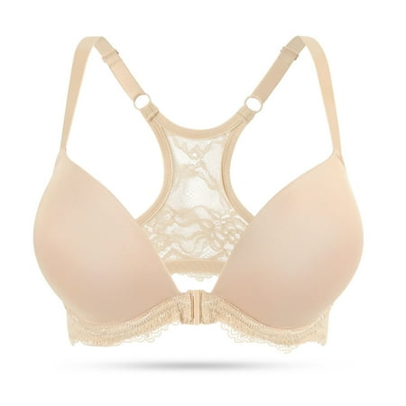 YANDW Push Up Front Closure Plunge Bras for Women Thick Padded Lace Racerback Underwire Bra, Beige 36C