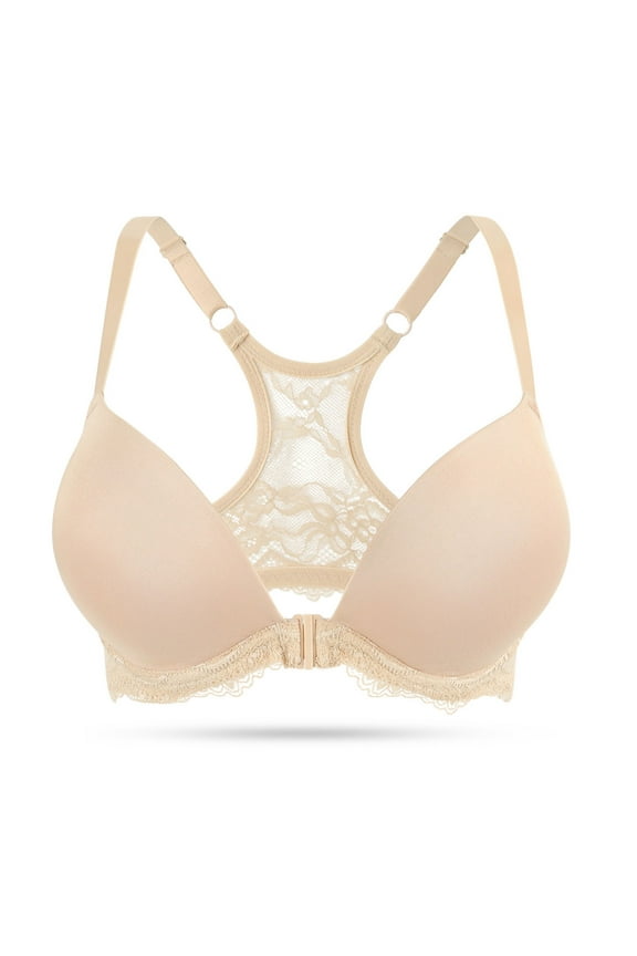 Push Up Front Closure Plunge Bras for Women Thick Padded Lace Racerback Underwire Bra, Beige 38A