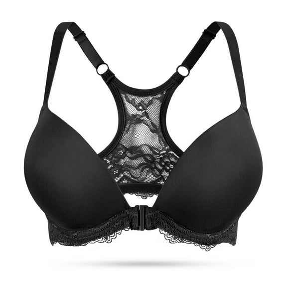 YANDW Push Up Front Closure Plunge Bras for Women Thick Padded Lace Racerback Underwire Bra, Black 34C