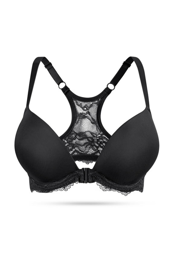 Push Up Front Closure Plunge Bras for Women Thick Padded Lace Racerback Underwire Bra, Black 36B